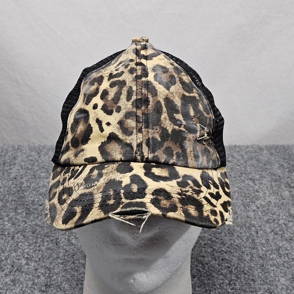 CC Leopard Criss Cross Ponytail Hat Distressed Trucker Adjustable Cheetah Print‎